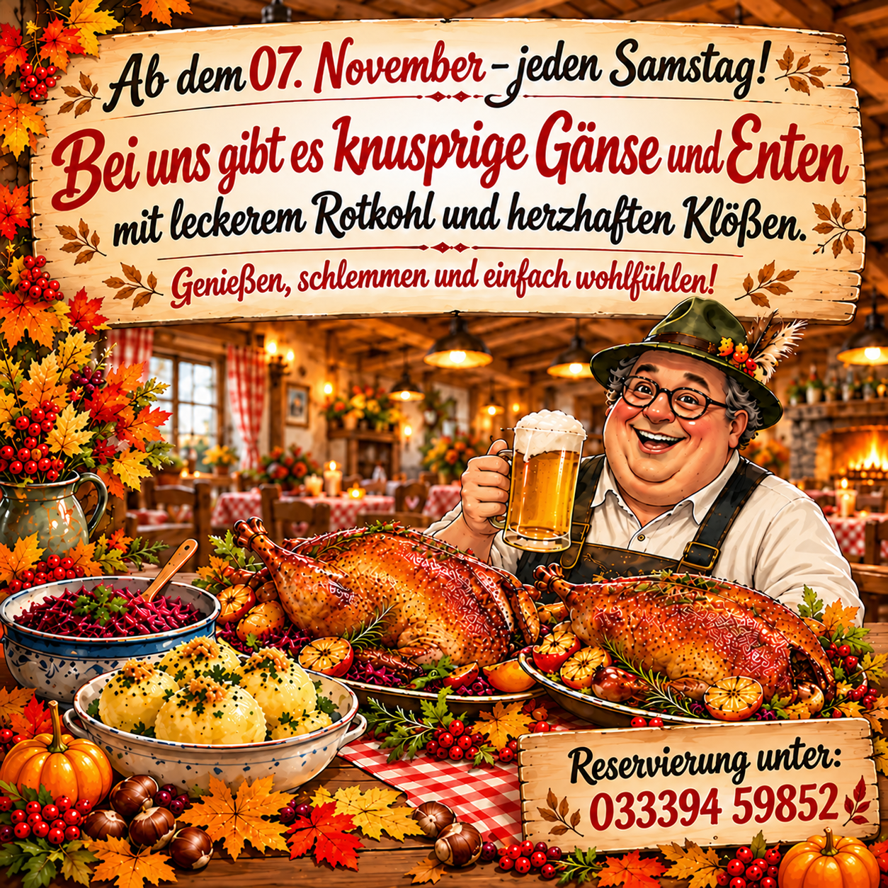 Gänse- und Entenessen im Schwalbennest ab 7. November, jeden Samstag, mit Rotkohl und Klößen. Reservierung: 033394 59852.
